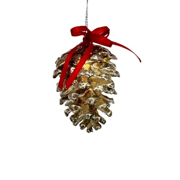 Silver Pine Pinecone Ornament With Red Bow - Picture 13 of 15
